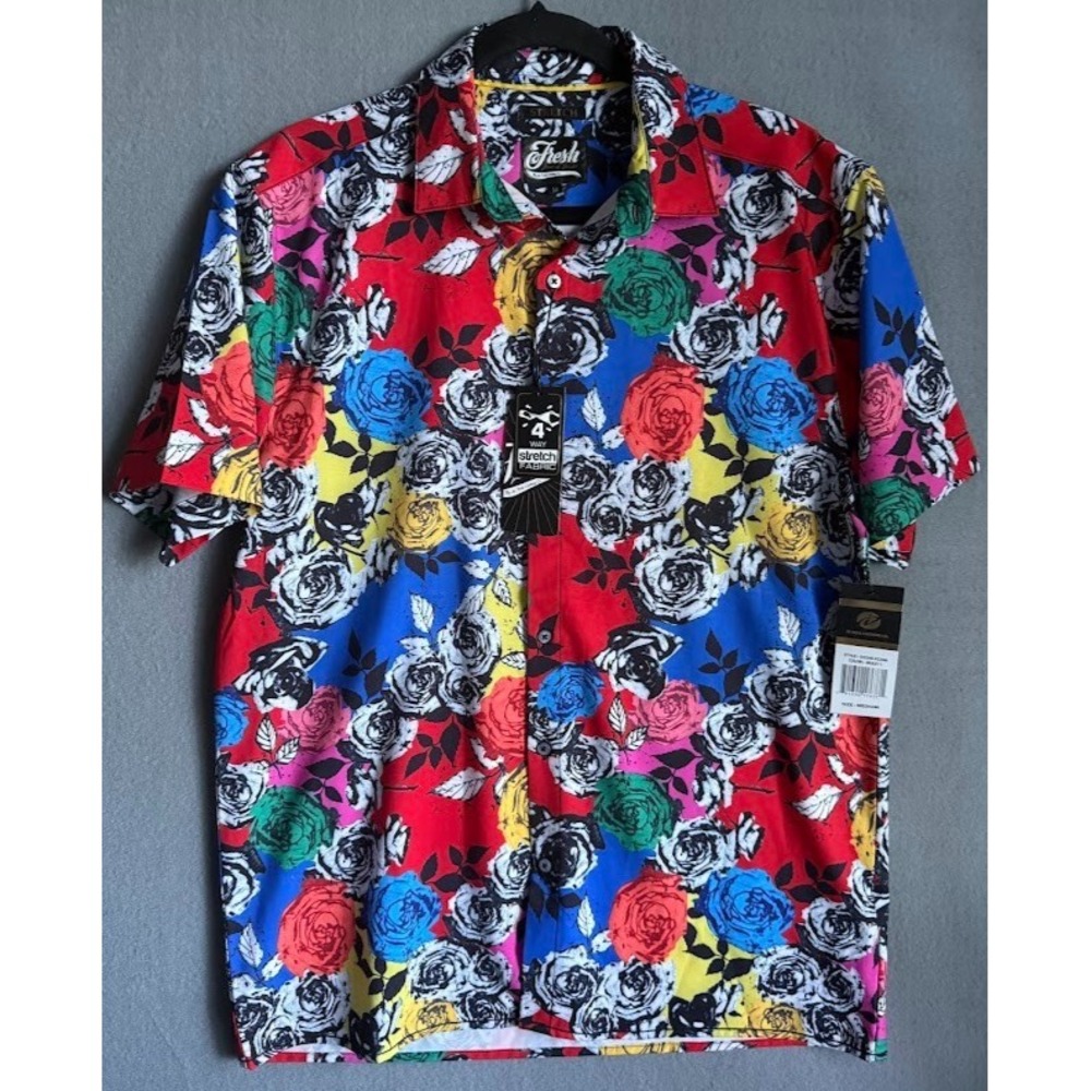 Fresh Prints of Bel-Air Shirt Men Medium Multicolor Print Flowers Short Sleeve
